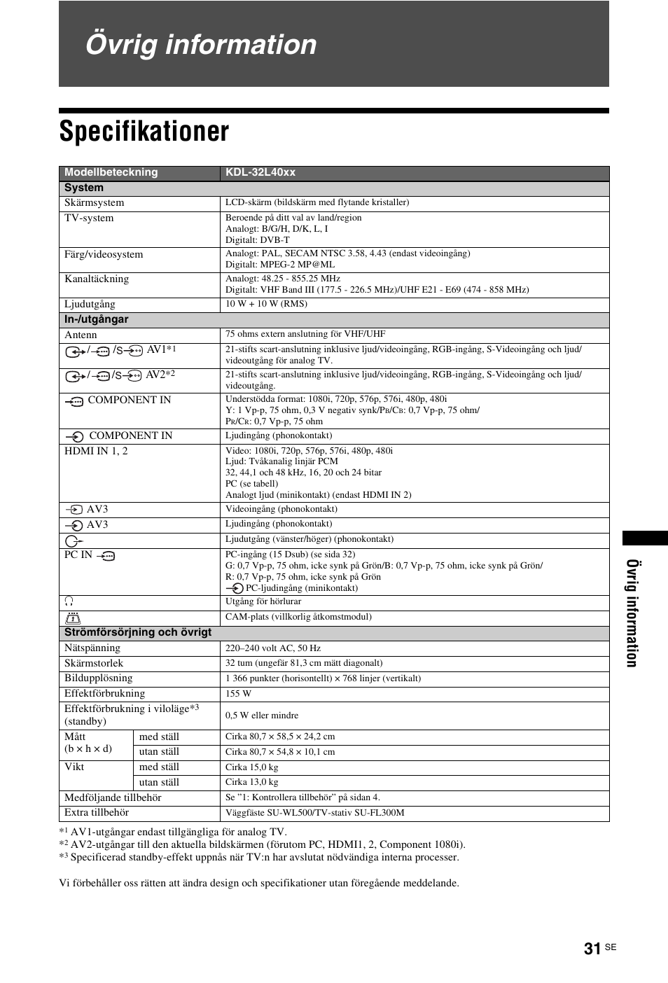 Övrig information, Specifikationer, Övrig information specifikationer | Sony KDL-26 L4000 User Manual | Page 127 / 227