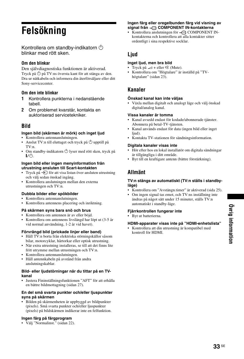 Felsökning, Bild, Ljud | Kanaler, Allmänt | Sony KDL-26 L4000 User Manual | Page 129 / 227