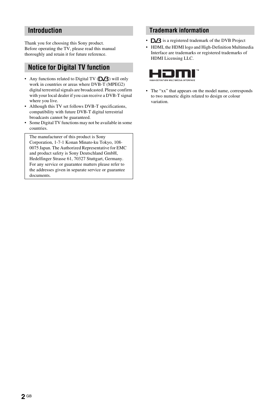 Introduction, Notice for digital tv function, Trademark information | Introduction notice for digital tv function | Sony KDL-26 L4000 User Manual | Page 130 / 227