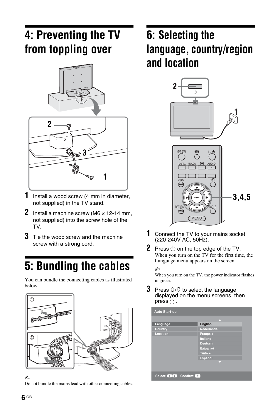 Preventing the tv from toppling over, Bundling the cables | Sony KDL-26 L4000 User Manual | Page 134 / 227