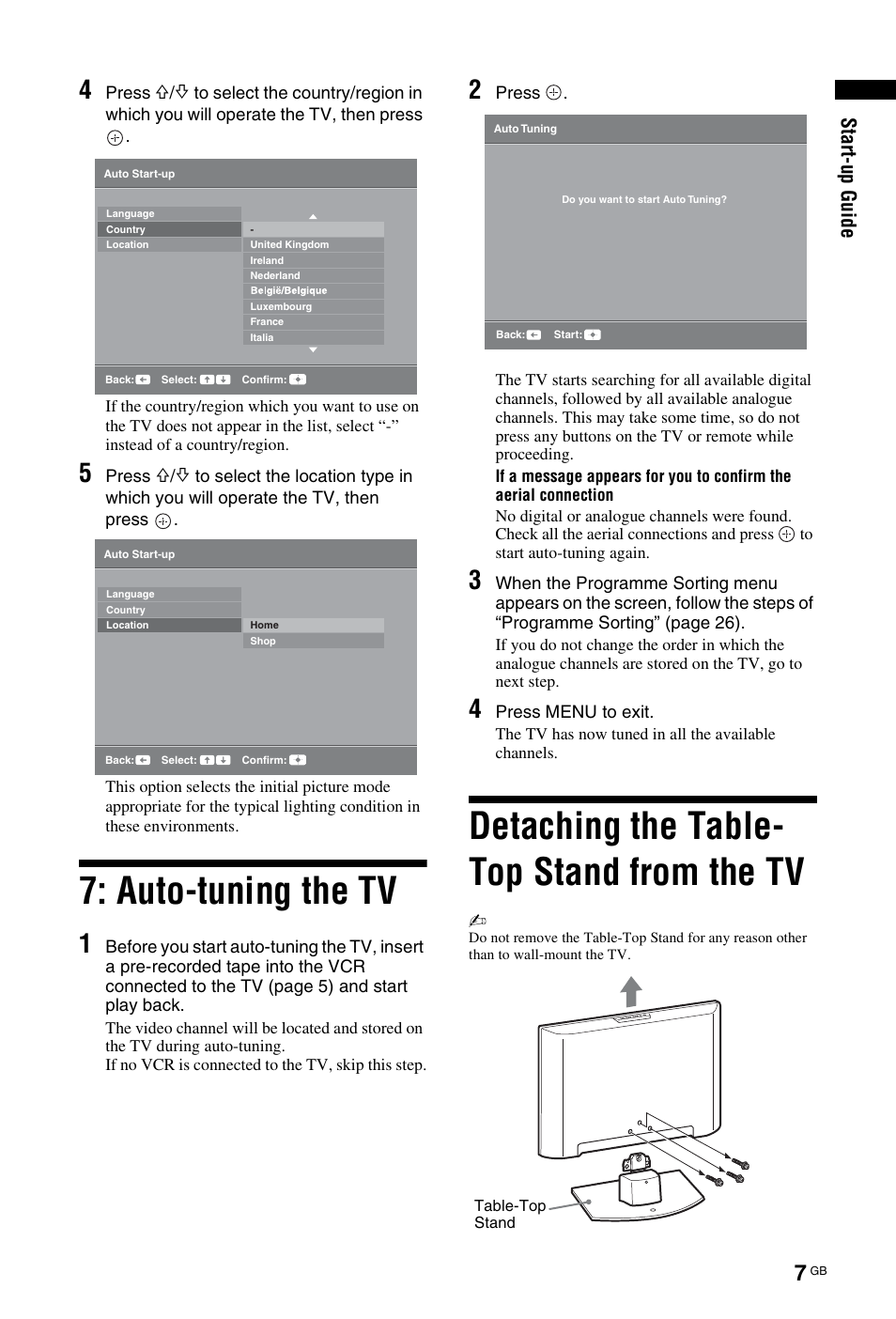 Auto-tuning the tv, Detaching the table- top stand from the tv, St art -u p gui d e | Sony KDL-26 L4000 User Manual | Page 135 / 227