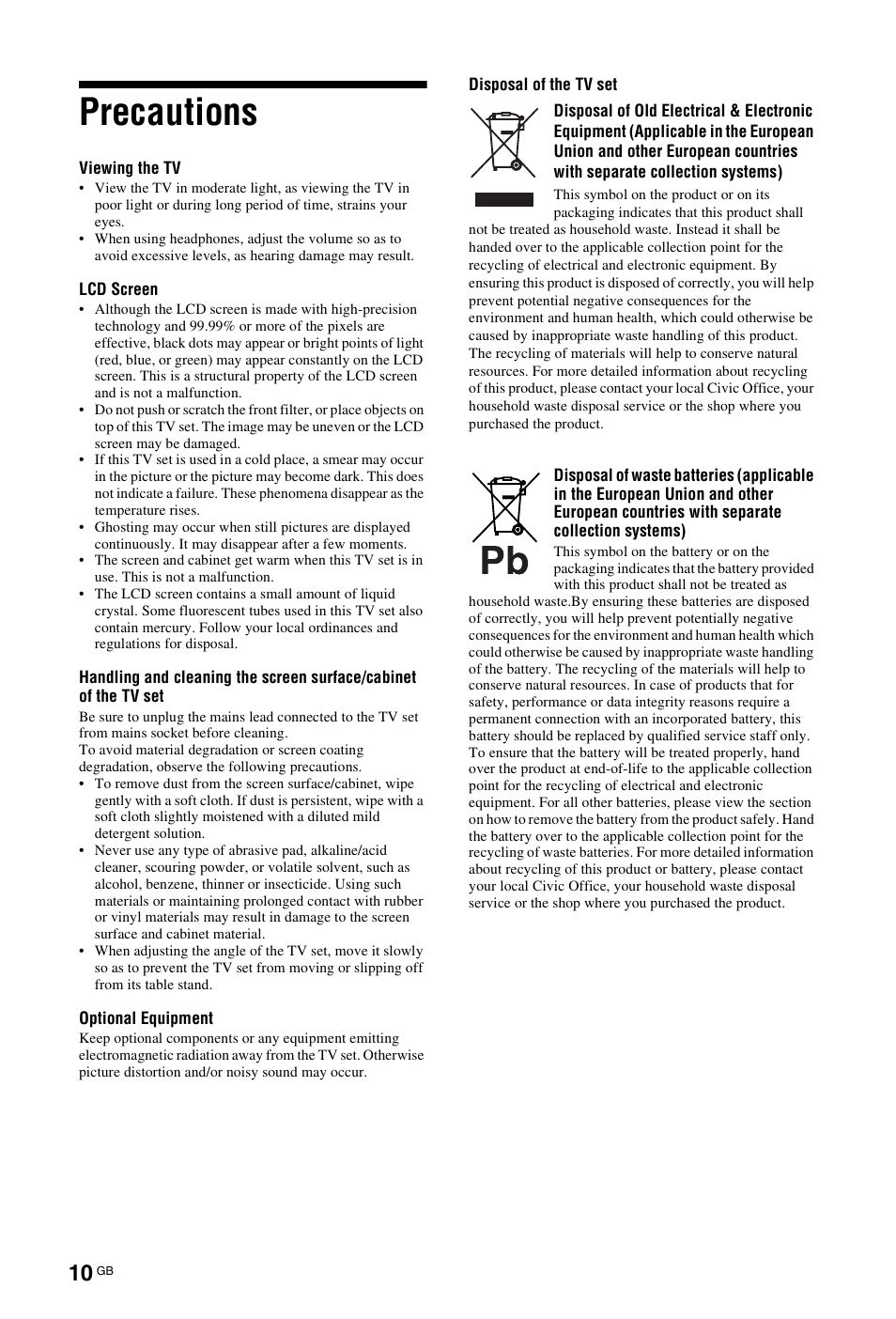 Precautions | Sony KDL-26 L4000 User Manual | Page 138 / 227