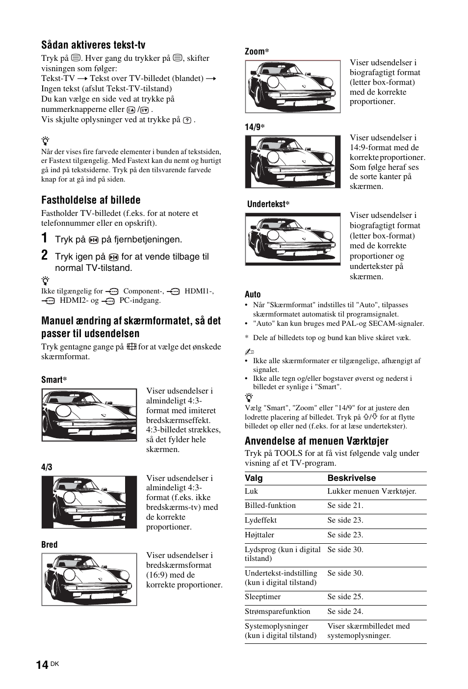 Side 14), Side 14, Side 14): vælg | Sådan aktiveres tekst-tv, Fastholdelse af billede, Anvendelse af menuen værktøjer | Sony KDL-26 L4000 User Manual | Page 14 / 227