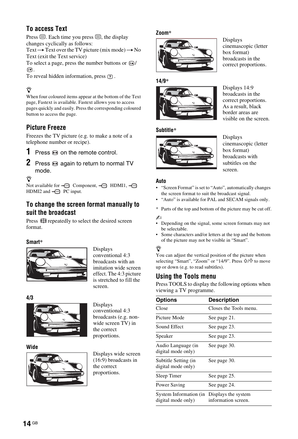 Picture freeze, Using the tools menu | Sony KDL-26 L4000 User Manual | Page 142 / 227