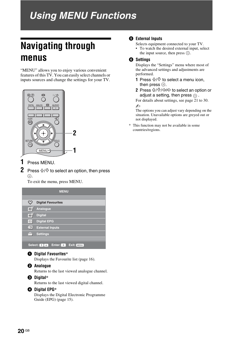 Navigating through menus, Using menu functions, Using menu functions navigating through menus | Sony KDL-26 L4000 User Manual | Page 148 / 227