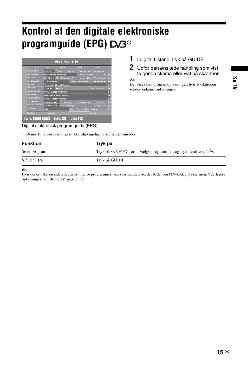 Side 15), Se tv, I digital tilstand, tryk på guide | Funktion tryk på, Digital elektronisk programguide (epg), Se et program tryk på | Sony KDL-26 L4000 User Manual | Page 15 / 227