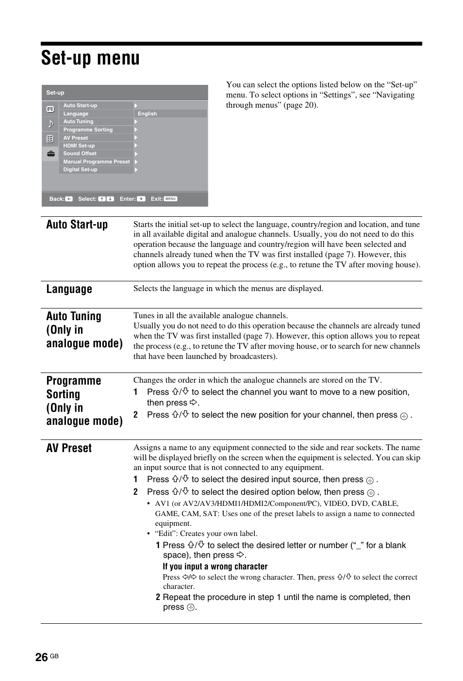 Set-up menu, Auto start-up, Language | Auto tuning (only in analogue mode), Programme sorting (only in analogue mode), Av preset | Sony KDL-26 L4000 User Manual | Page 154 / 227