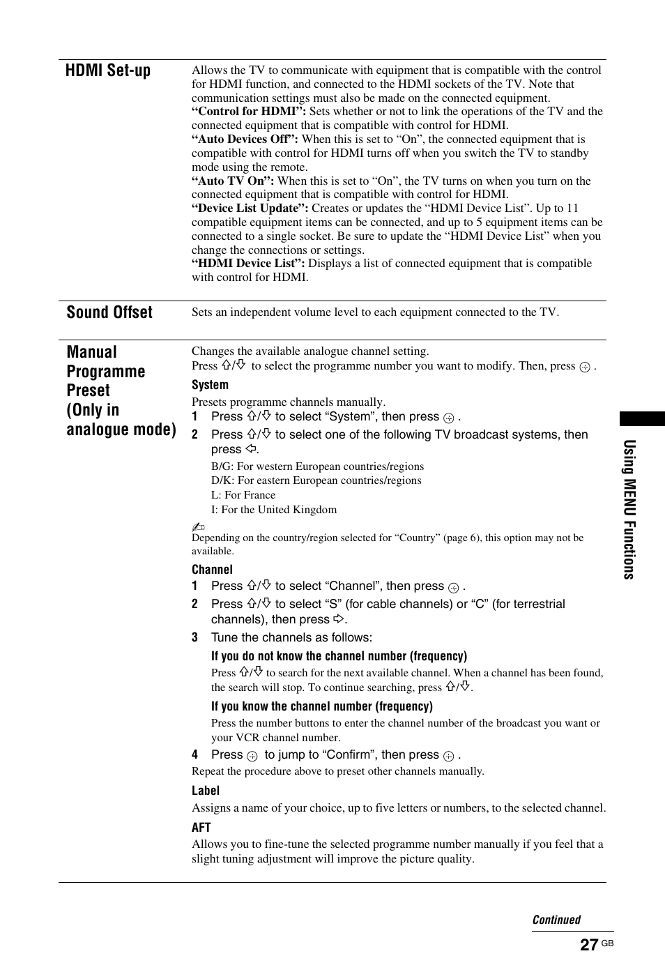 Hdmi set-up, Sound offset, Manual programme preset (only in analogue mode) | Sony KDL-26 L4000 User Manual | Page 155 / 227