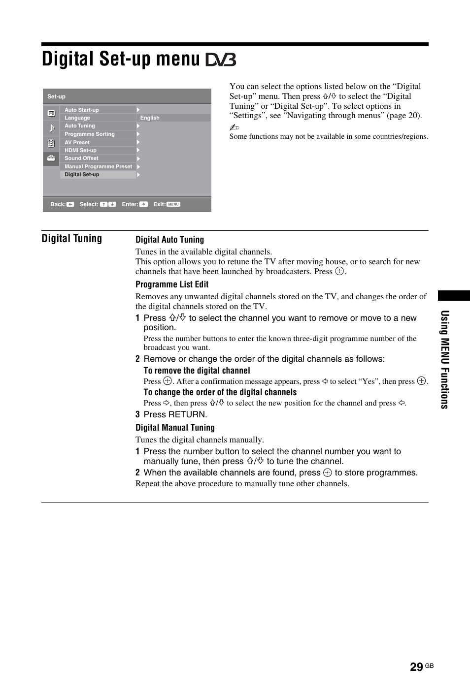 Digital set-up menu, Usi ng menu func ti ons, Digital tuning | Sony KDL-26 L4000 User Manual | Page 157 / 227