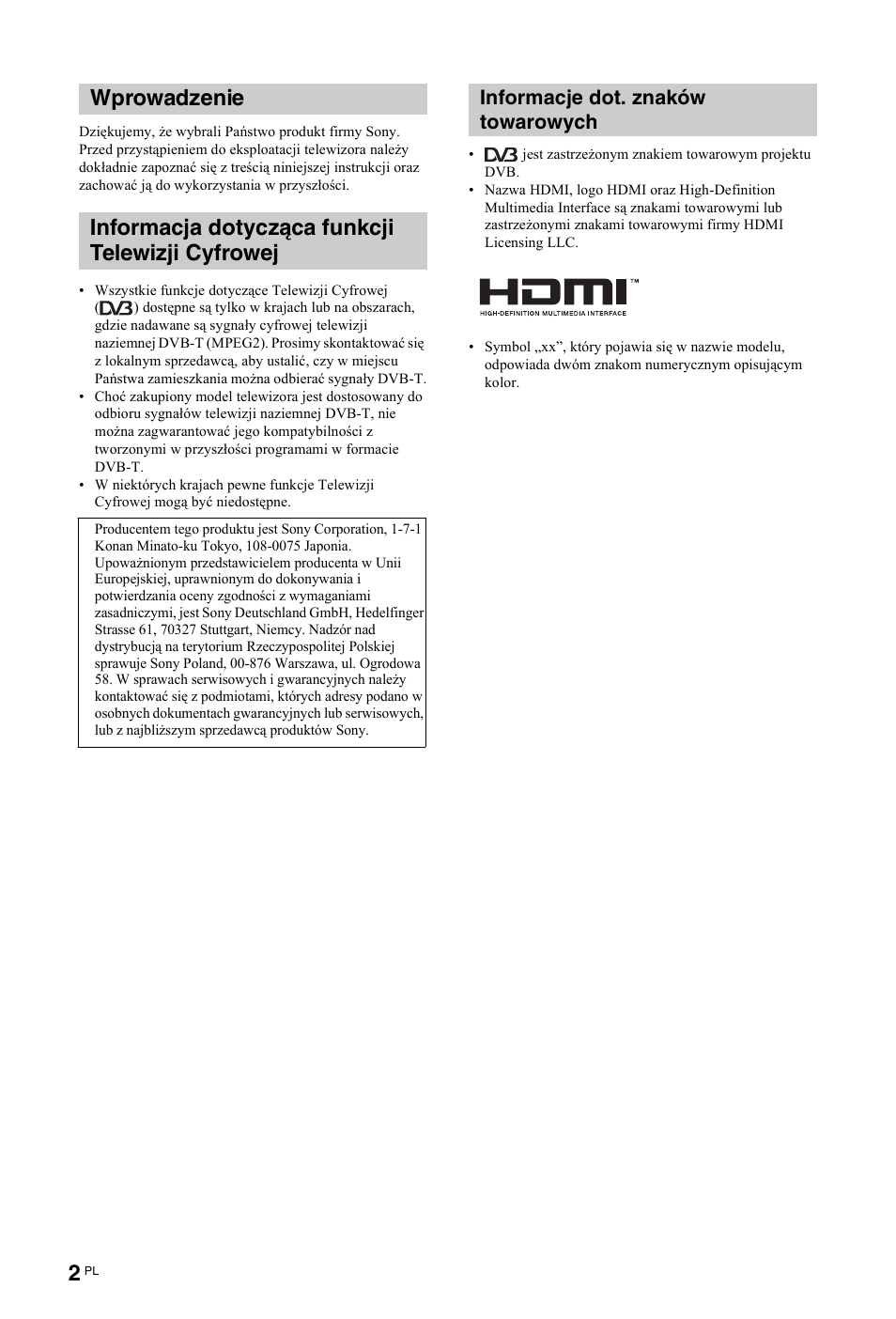 Informacje dot. znaków towarowych | Sony KDL-26 L4000 User Manual | Page 162 / 227