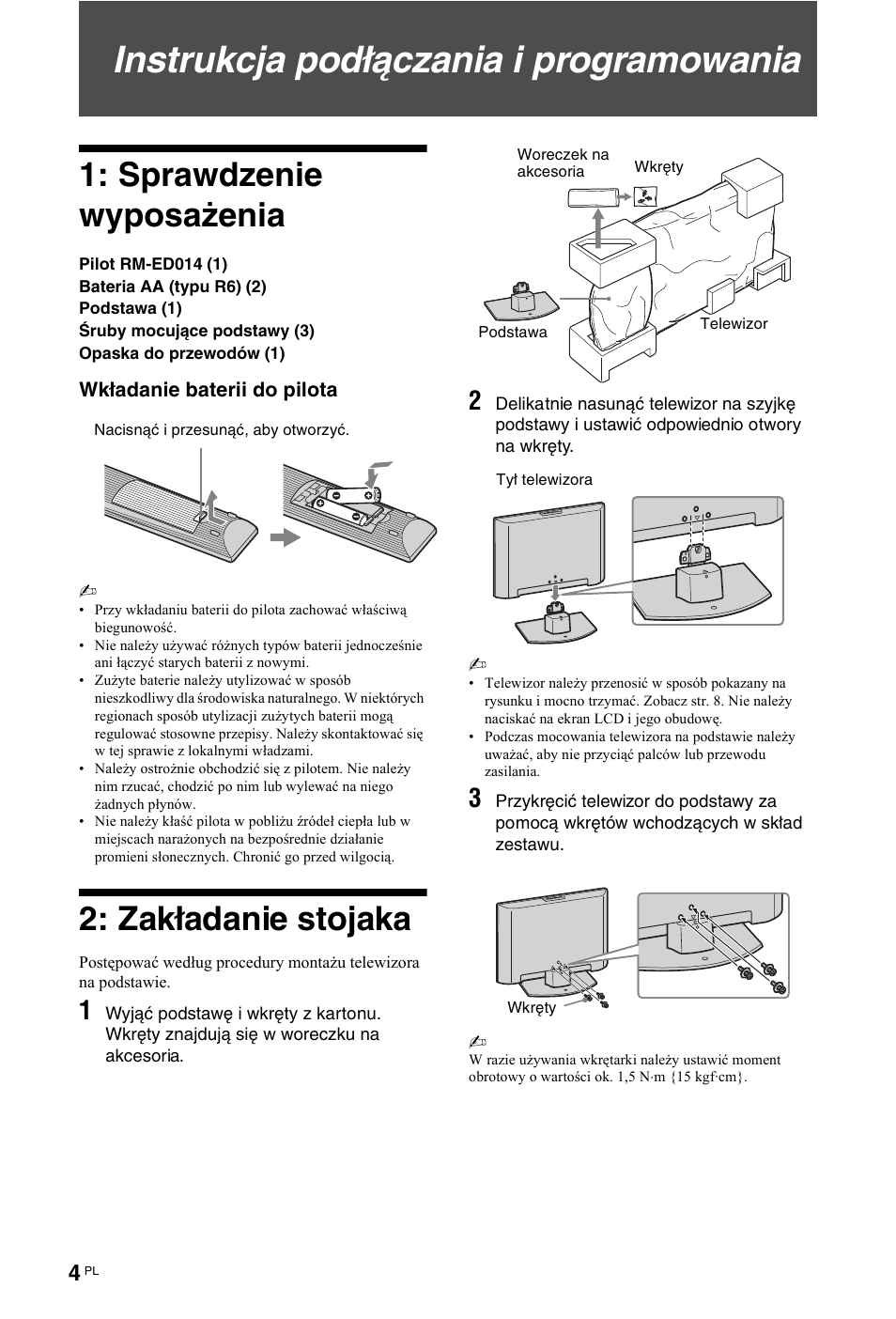 Instrukcja podłączania i programowania, Instrukcja podłączenia i programowania, Sprawdzenie wyposażenia | Zakładanie stojaka | Sony KDL-26 L4000 User Manual | Page 164 / 227