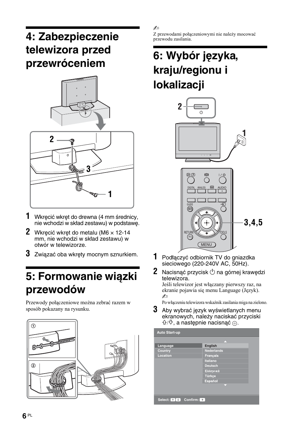 Zabezpieczenie telewizora przed przewróceniem, Formowanie wiązki przewodów, Wybór języka, kraju/regionu i lokalizacji | Sony KDL-26 L4000 User Manual | Page 166 / 227