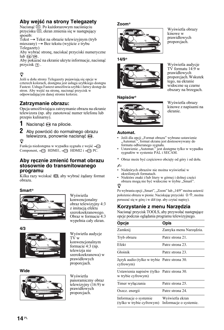 Aby wejść na strony telegazety, Zatrzymanie obrazu, Korzystanie z menu narzędzia | Sony KDL-26 L4000 User Manual | Page 174 / 227
