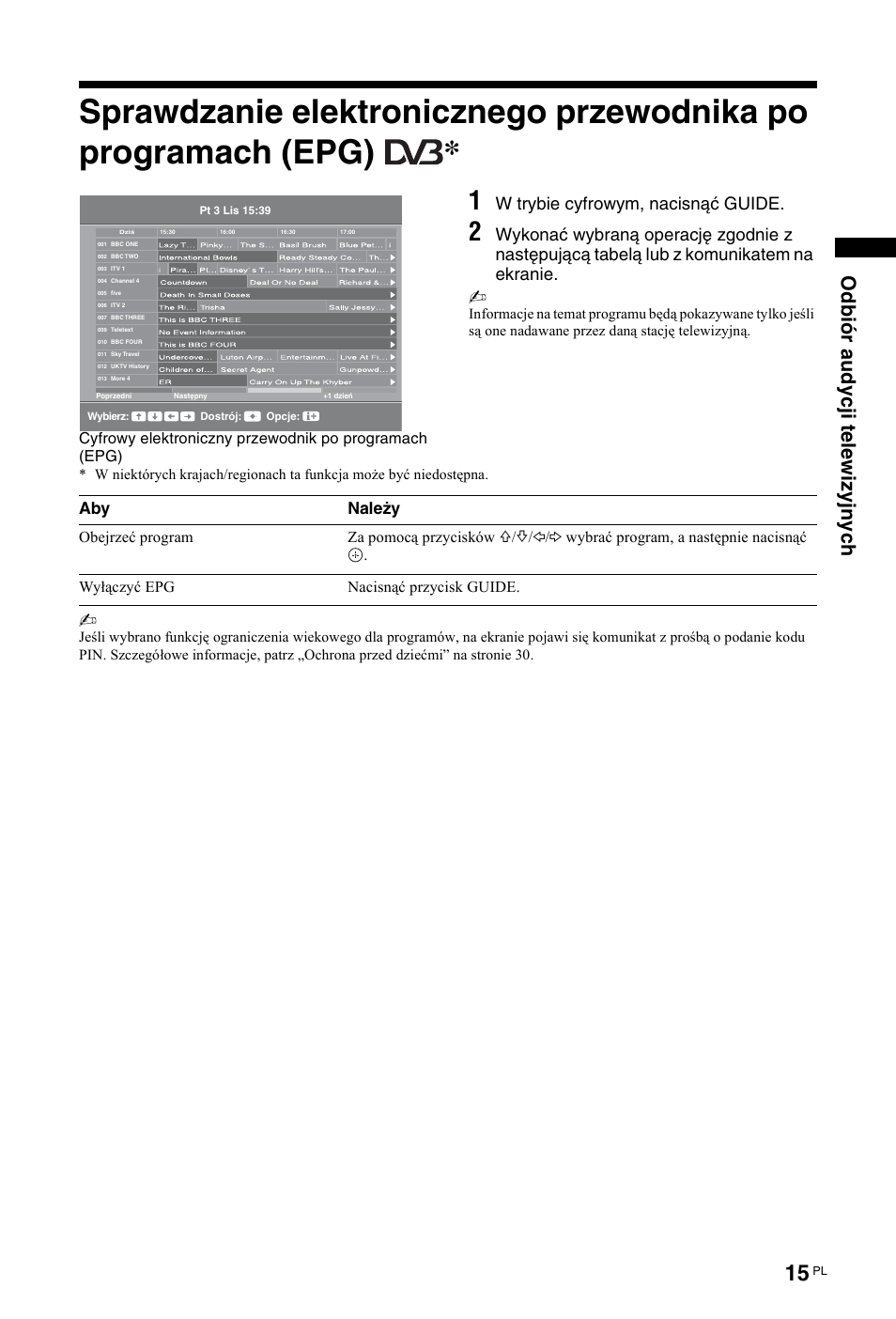 Odbi ór audycj i tel e wiz y jnych, W trybie cyfrowym, nacisnąć guide, Aby należy | Sony KDL-26 L4000 User Manual | Page 175 / 227