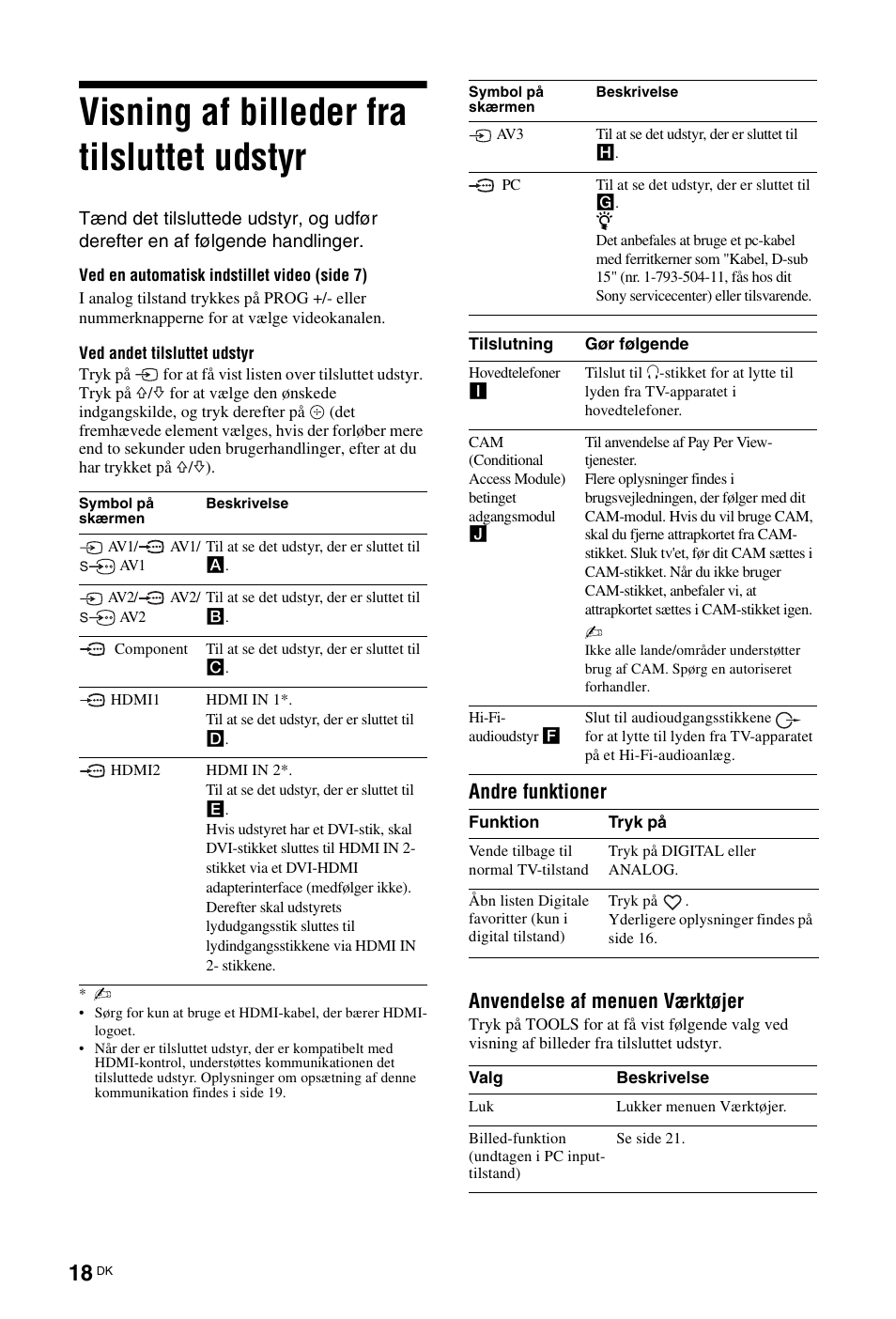 Visning af billeder fra tilsluttet udstyr, Side 18), Andre funktioner anvendelse af menuen værktøjer | Sony KDL-26 L4000 User Manual | Page 18 / 227