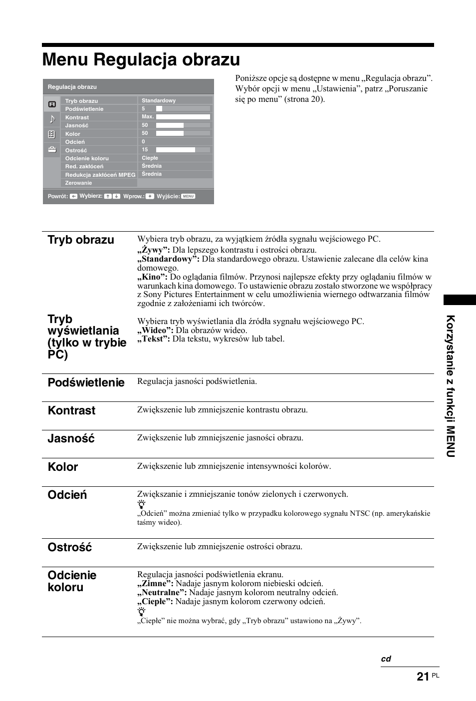 Menu regulacja obrazu, Tryb obrazu tryb wyświetlania (tylko w trybie pc), Podświetlenie | Kontrast, Jasność, Kolor, Odcień, Ostrość, Odcienie koloru, Korzy s tani e z funkcj i m enu | Sony KDL-26 L4000 User Manual | Page 181 / 227