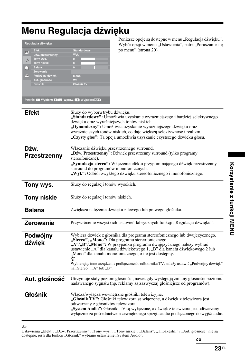 Menu regulacja dźwięku, Efekt, Dźw. przestrzenny | Tony wys, Tony niskie, Balans, Zerowanie, Podwójny dźwięk, Aut. głośność, Głośnik | Sony KDL-26 L4000 User Manual | Page 183 / 227