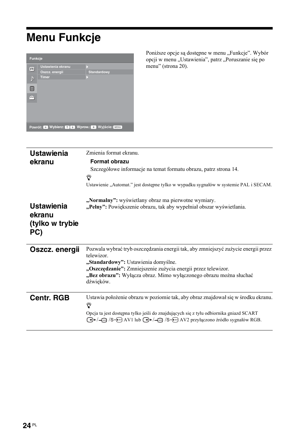 Menu funkcje, Oszcz. energii, Centr. rgb | Sony KDL-26 L4000 User Manual | Page 184 / 227