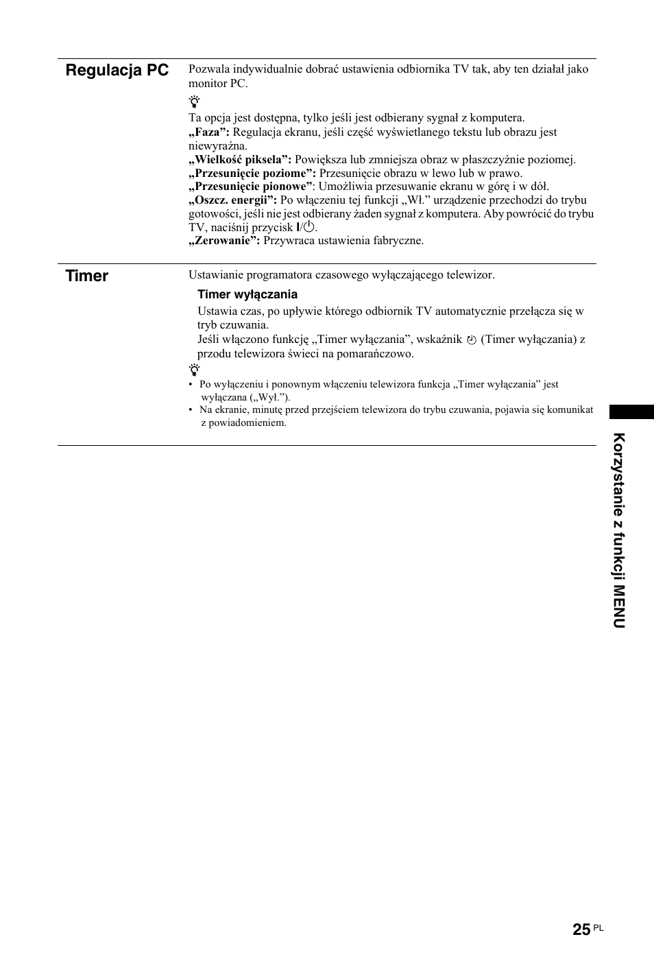 Regulacja pc, Timer | Sony KDL-26 L4000 User Manual | Page 185 / 227