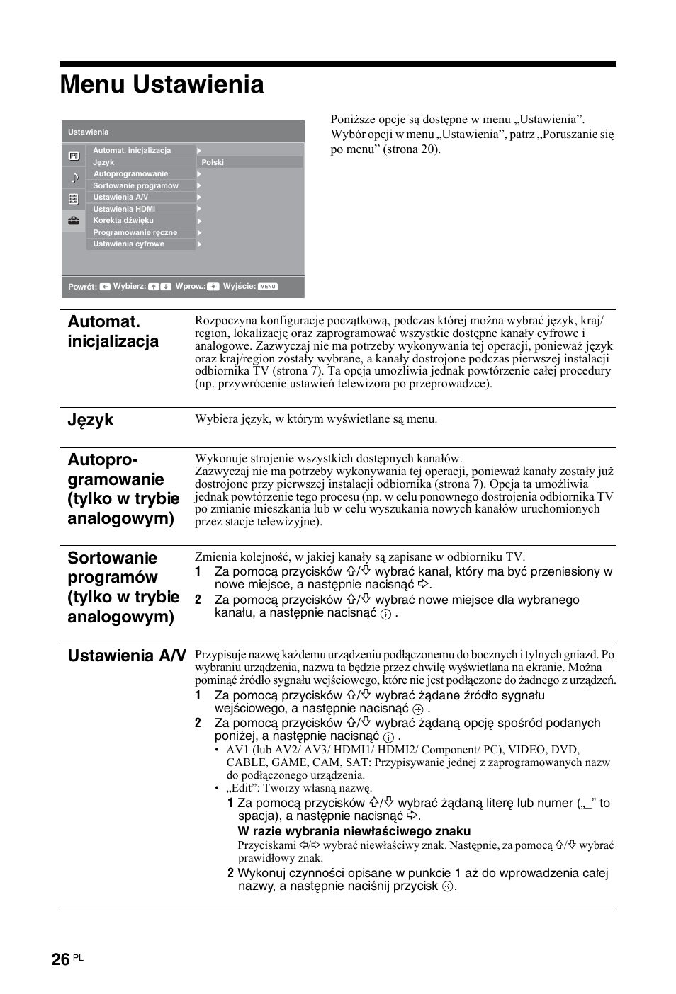 Menu ustawienia, Automat. inicjalizacja, Język | Autopro- gramowanie (tylko w trybie analogowym), Sortowanie programów (tylko w trybie analogowym), Ustawienia a/v | Sony KDL-26 L4000 User Manual | Page 186 / 227