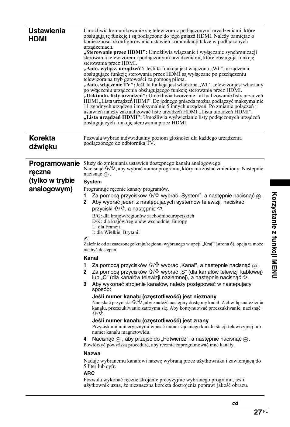 Stronie 27, Ustawienia hdmi, Korekta dźwięku | Programowanie ręczne (tylko w trybie analogowym) | Sony KDL-26 L4000 User Manual | Page 187 / 227