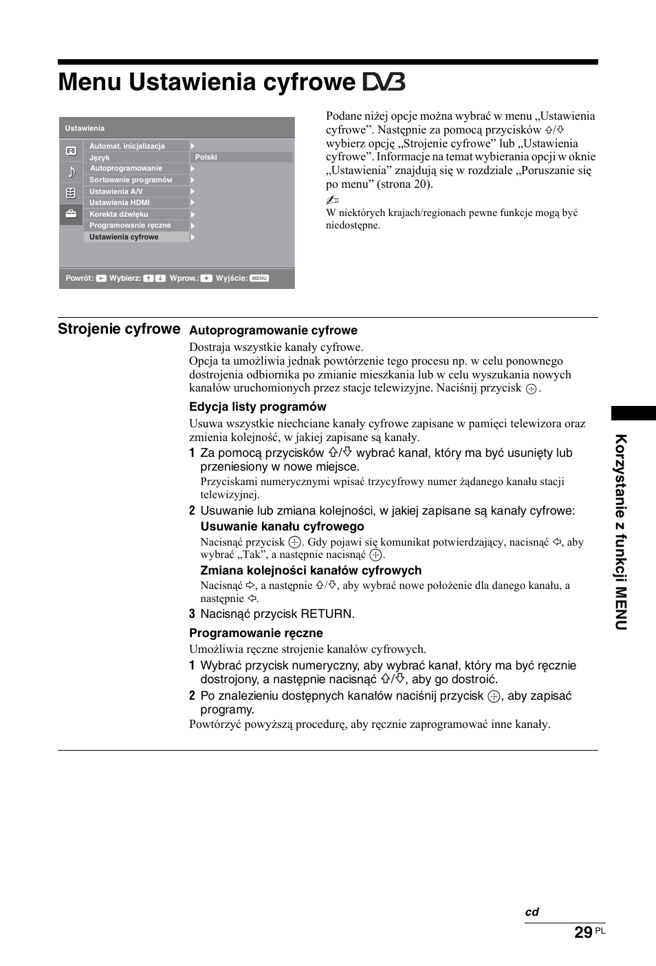 Menu ustawienia cyfrowe, Korzy s tani e z funkcj i m enu, Strojenie cyfrowe | Sony KDL-26 L4000 User Manual | Page 189 / 227