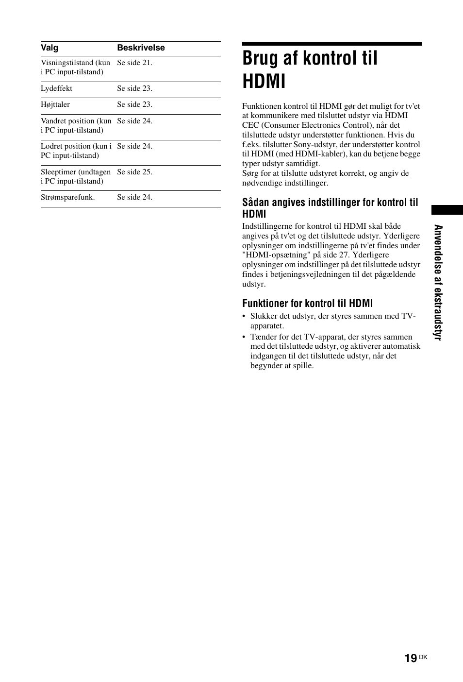 Brug af kontrol til hdmi, Side 19 | Sony KDL-26 L4000 User Manual | Page 19 / 227