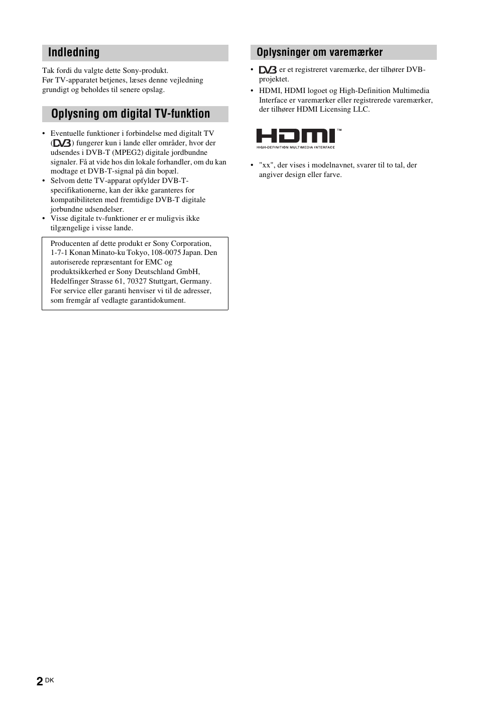 Indledning oplysning om digital tv-funktion, Oplysninger om varemærker | Sony KDL-26 L4000 User Manual | Page 2 / 227
