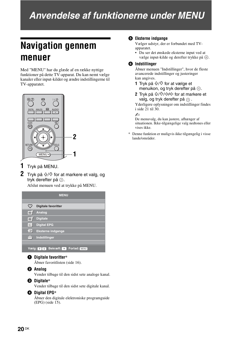 Anvendelse af funktionerne under menu, Navigation gennem menuer, Side 20) | Sony KDL-26 L4000 User Manual | Page 20 / 227