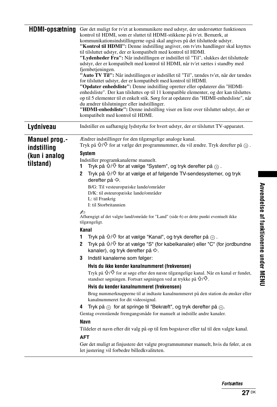 Side 27. y, Hdmi-opsætning, Lydniveau | Manuel prog.- indstilling (kun i analog tilstand) | Sony KDL-26 L4000 User Manual | Page 27 / 227