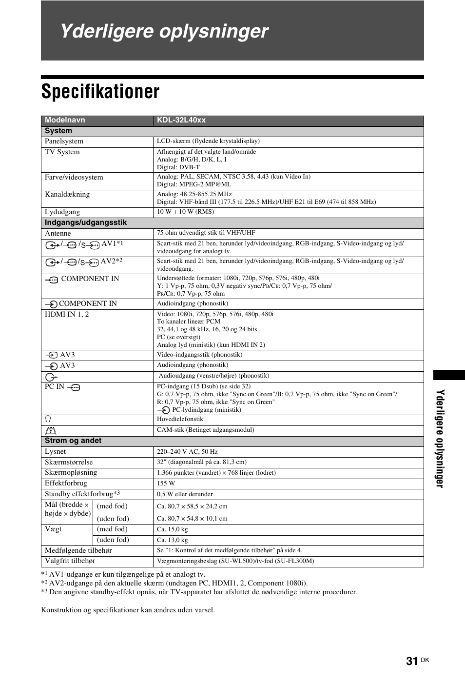 Yderligere oplysninger, Specifikationer, Yderligere oplysninger specifikationer | Yd erl ig e re opl ysn ing e r | Sony KDL-26 L4000 User Manual | Page 31 / 227