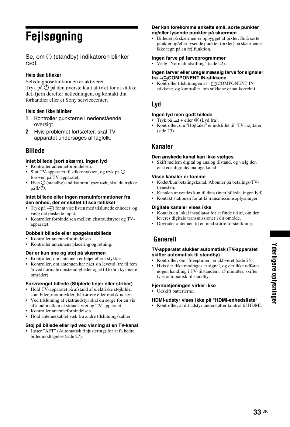 Fejlsøgning, Yd erl ig e re opl ysn ing e r, Billede | Kanaler, Generelt | Sony KDL-26 L4000 User Manual | Page 33 / 227