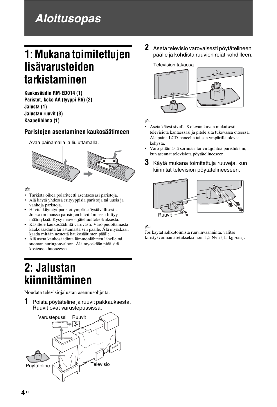 Aloitusopas, Aloitusopas 4, Jalustan kiinnittäminen | Sony KDL-26 L4000 User Manual | Page 36 / 227
