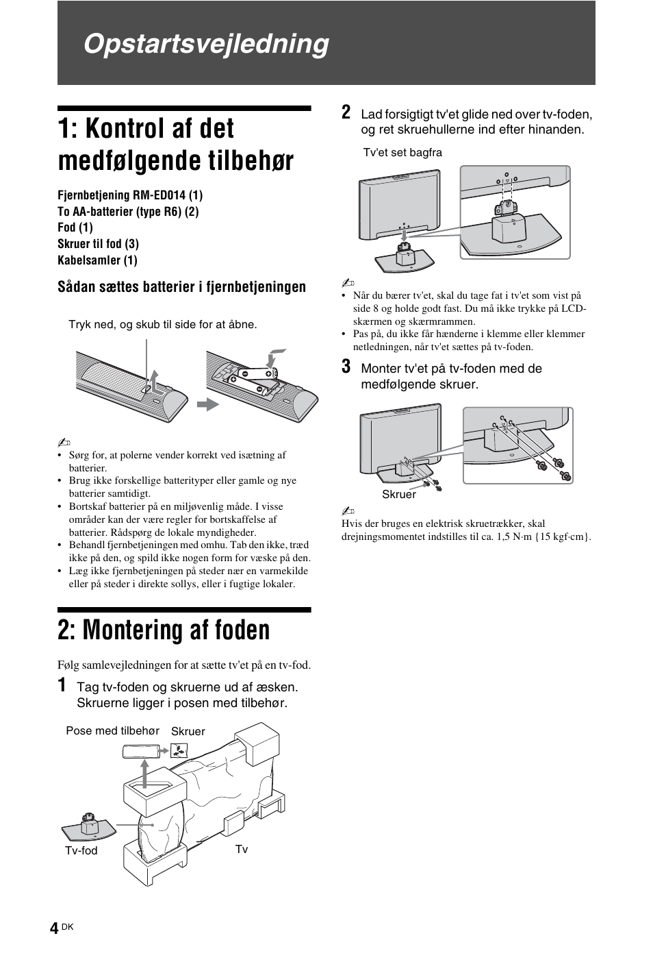 Opstartsvejledning, Montering af foden | Sony KDL-26 L4000 User Manual | Page 4 / 227