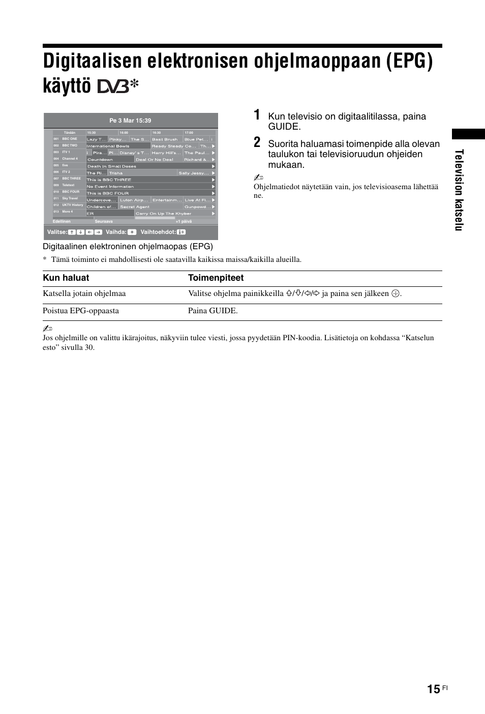 Sivu 15), Te le vi si on k a ts el u, Kun televisio on digitaalitilassa, paina guide | Kun haluat toimenpiteet | Sony KDL-26 L4000 User Manual | Page 47 / 227