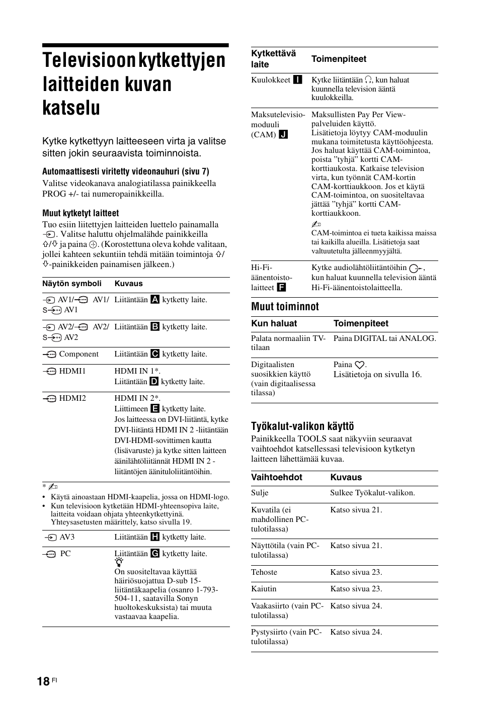 Televisioon kytkettyjen laitteiden kuvan katselu, Sivu 18), Muut toiminnot työkalut-valikon käyttö | Sony KDL-26 L4000 User Manual | Page 50 / 227