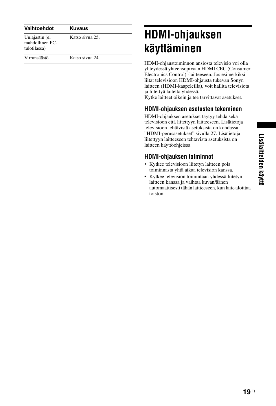 Hdmi-ohjauksen käyttäminen, Sivulla 19 | Sony KDL-26 L4000 User Manual | Page 51 / 227