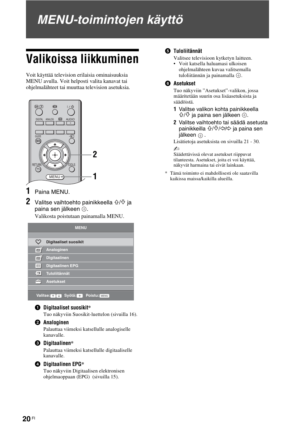 Menu-toimintojen käyttö, Valikoissa liikkuminen, Sivu 20) | Menu-toimintojen käyttö valikoissa liikkuminen | Sony KDL-26 L4000 User Manual | Page 52 / 227