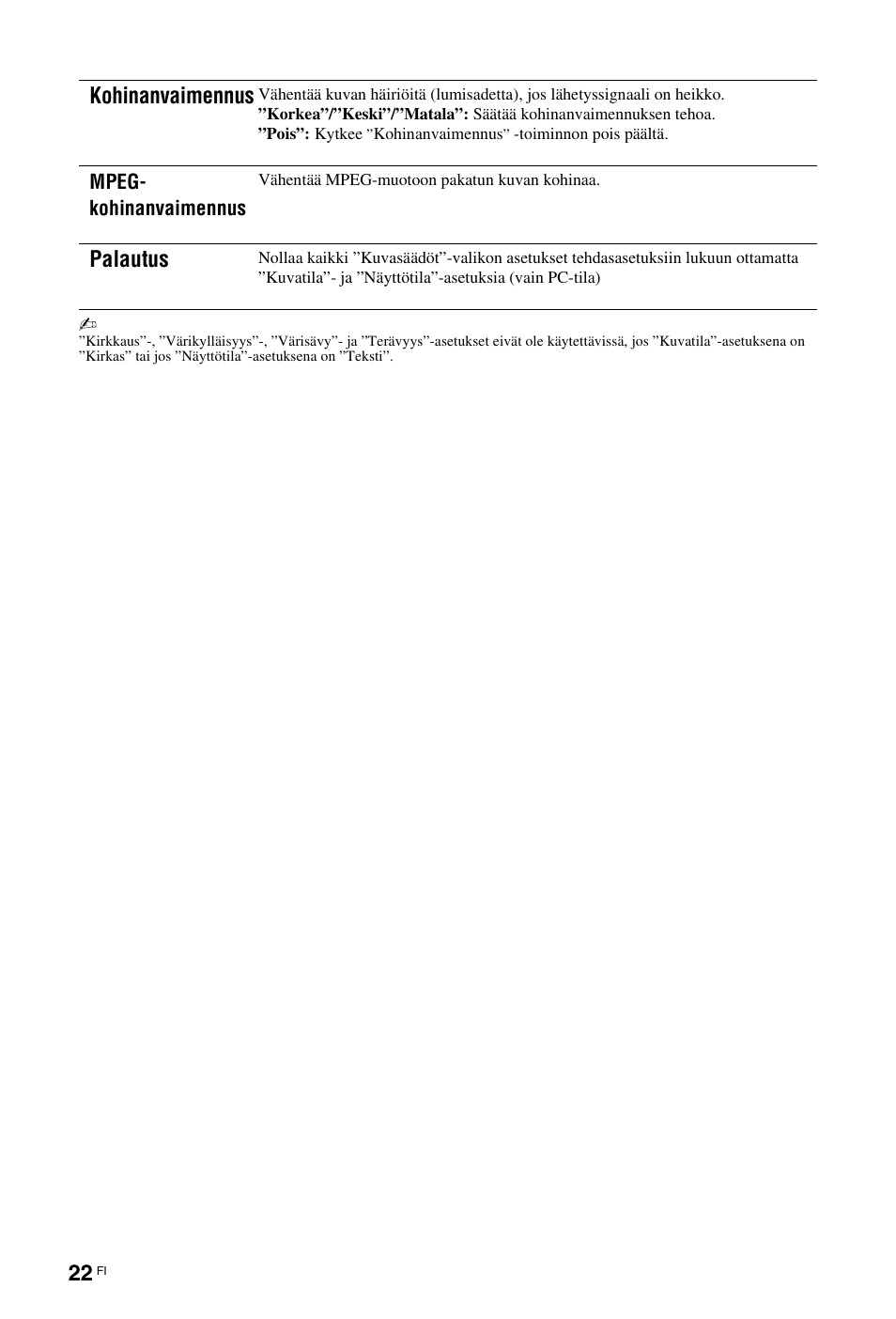 Kohinanvaimennus, Palautus | Sony KDL-26 L4000 User Manual | Page 54 / 227