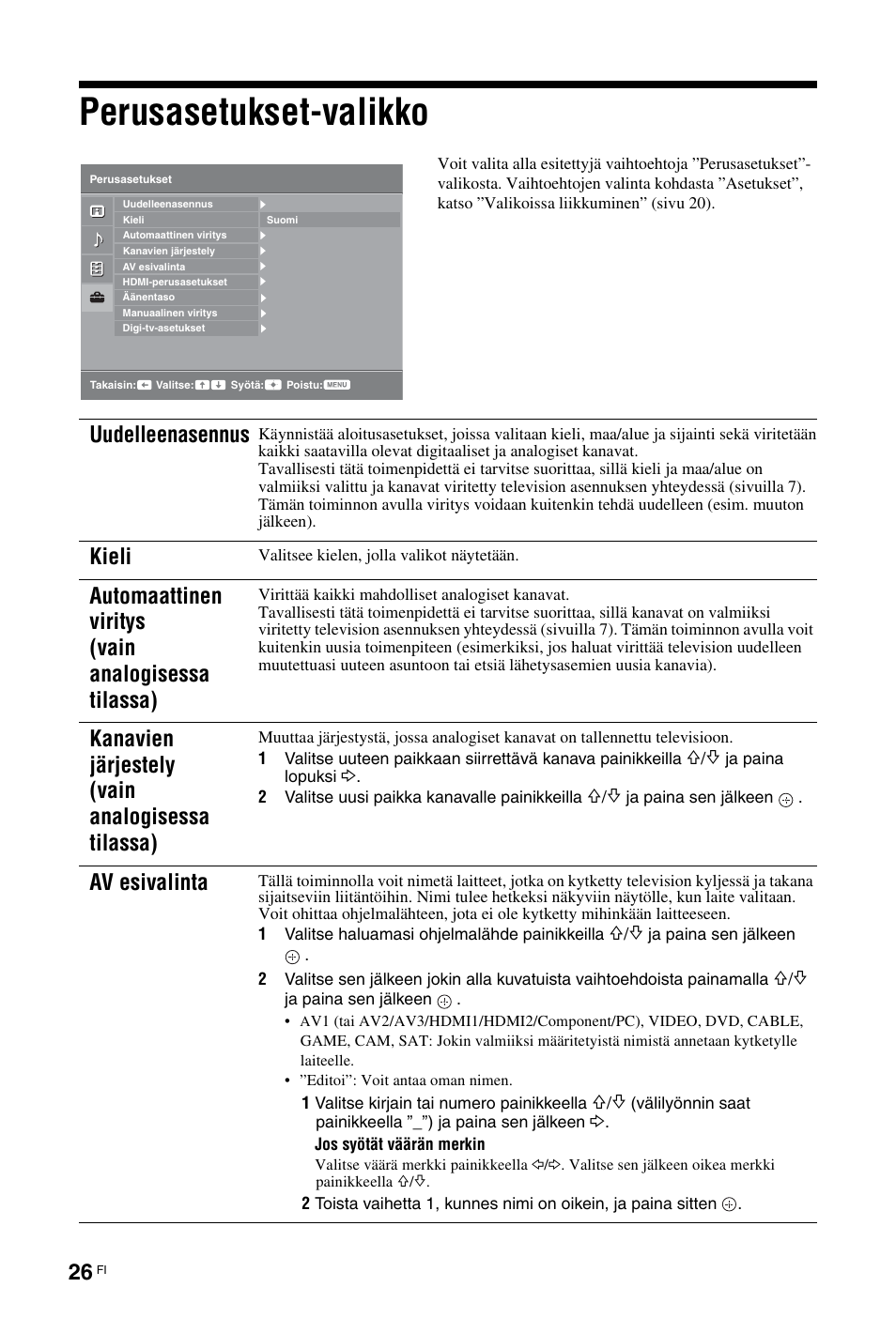 Perusasetukset-valikko, Uudelleenasennus, Kieli | Automaattinen viritys (vain analogisessa tilassa), Kanavien järjestely (vain analogisessa tilassa), Av esivalinta | Sony KDL-26 L4000 User Manual | Page 58 / 227