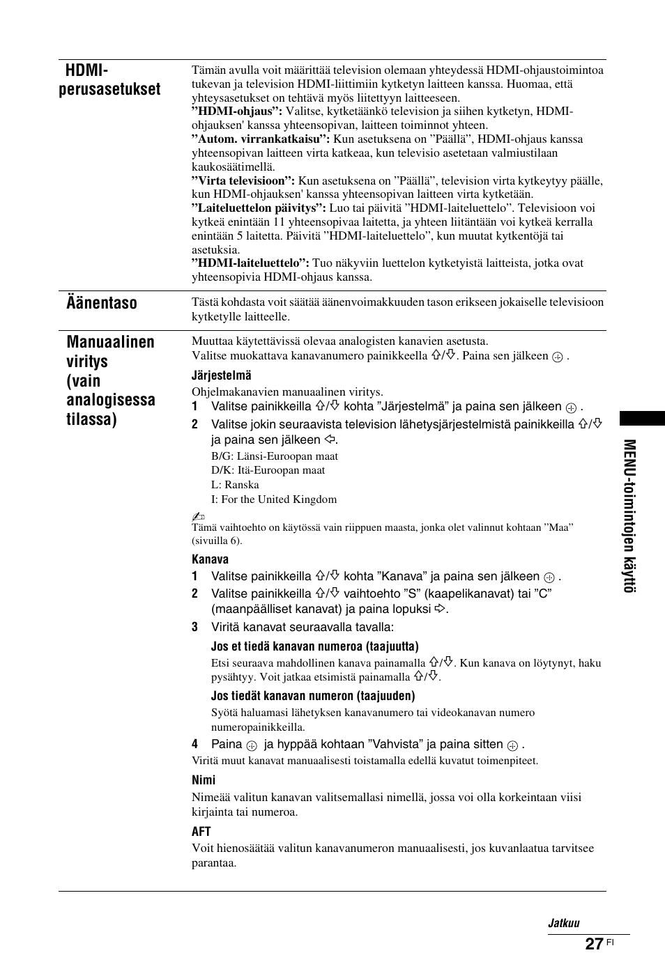 Hdmi- perusasetukset, Äänentaso, Manuaalinen viritys (vain analogisessa tilassa) | Sony KDL-26 L4000 User Manual | Page 59 / 227