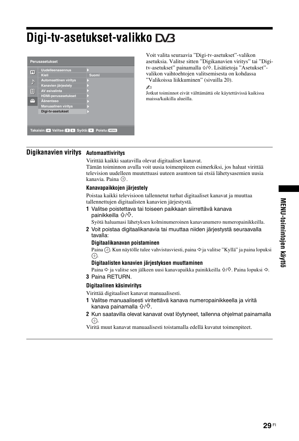 Digi-tv-asetukset-valikko, Me nu- toi m int o jen k ä yt tö, Digikanavien viritys | Sony KDL-26 L4000 User Manual | Page 61 / 227