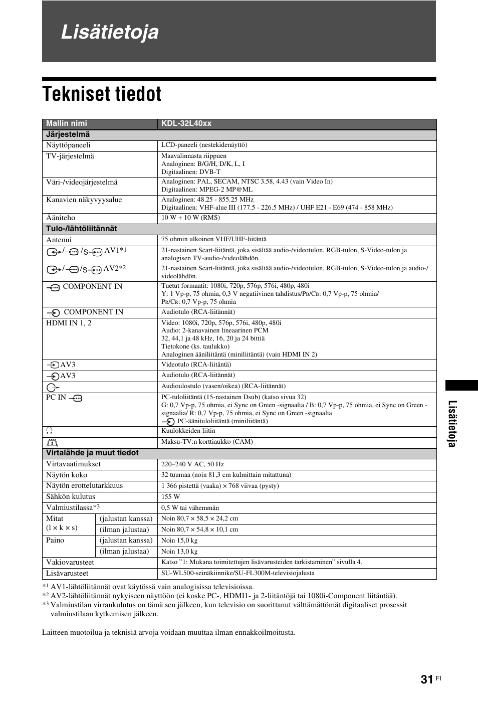 Lisätietoja, Tekniset tiedot, Lisätietoja tekniset tiedot | Li sä ti eto ja | Sony KDL-26 L4000 User Manual | Page 63 / 227