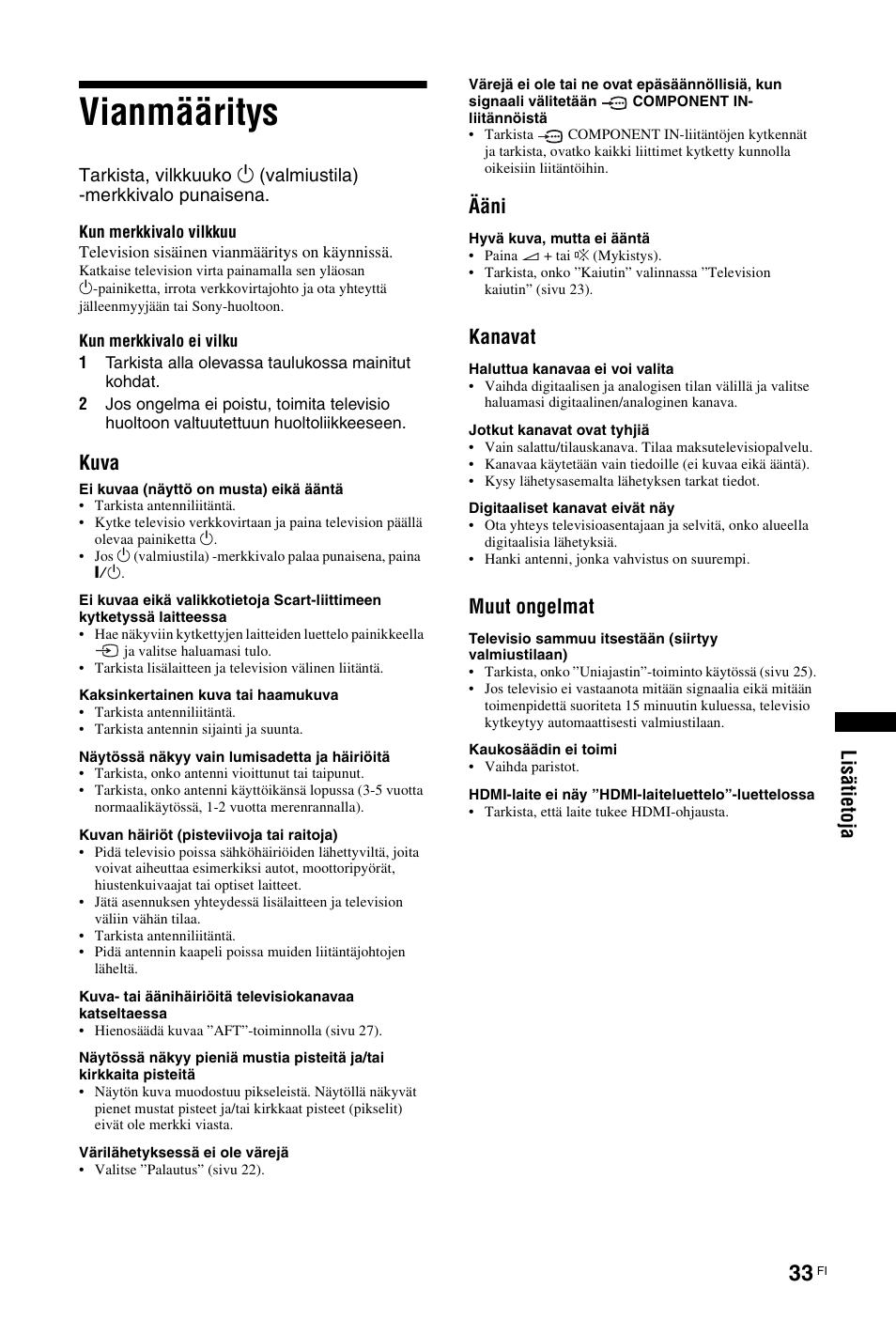 Vianmääritys, Li sä ti eto ja, Kuva | Ääni, Kanavat, Muut ongelmat | Sony KDL-26 L4000 User Manual | Page 65 / 227