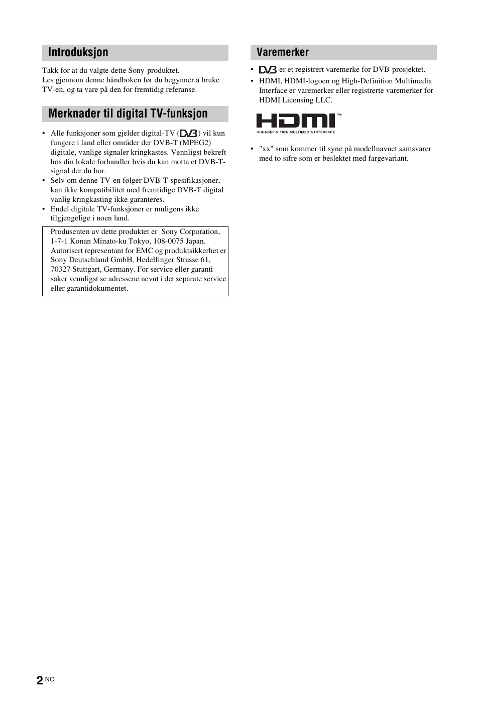 Introduksjon merknader til digital tv-funksjon, Varemerker | Sony KDL-26 L4000 User Manual | Page 66 / 227