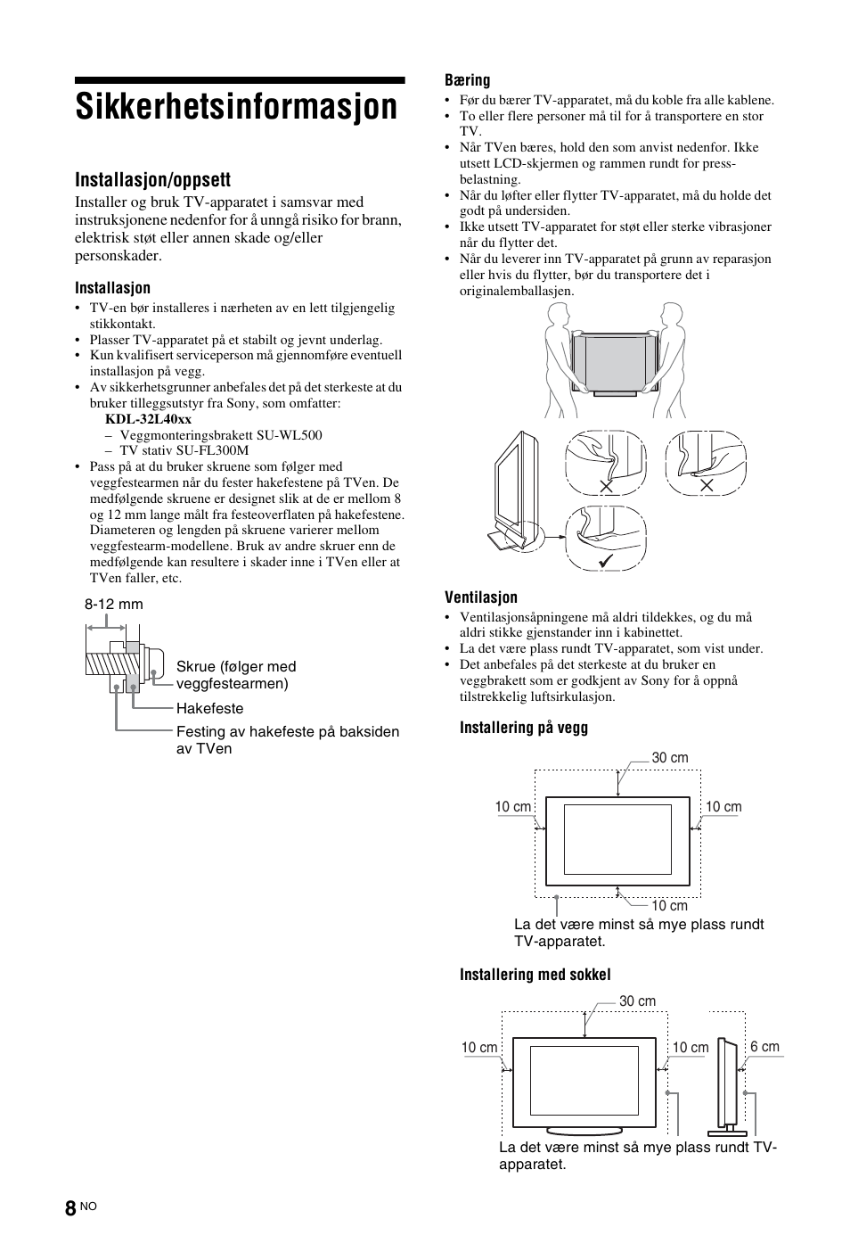 Sikkerhetsinformasjon, Installasjon/oppsett | Sony KDL-26 L4000 User Manual | Page 72 / 227