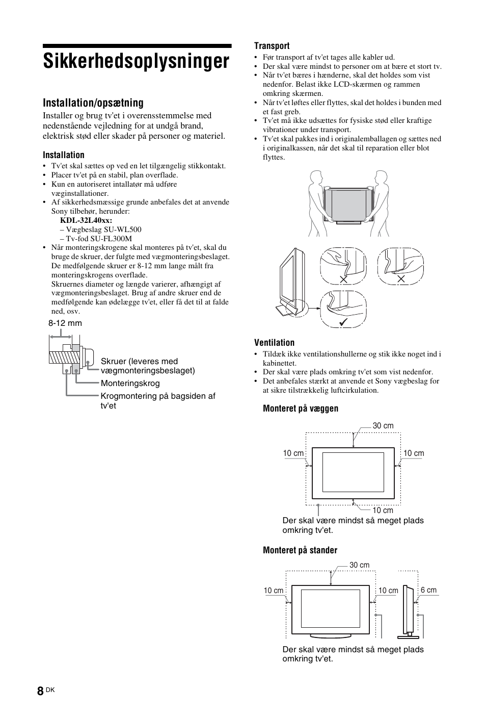 Sikkerhedsoplysninger, Installation/opsætning | Sony KDL-26 L4000 User Manual | Page 8 / 227