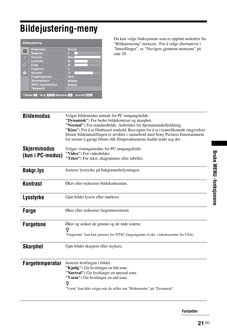 Bildejustering-meny, Se på side 21, Side 21 t | Sony KDL-26 L4000 User Manual | Page 85 / 227