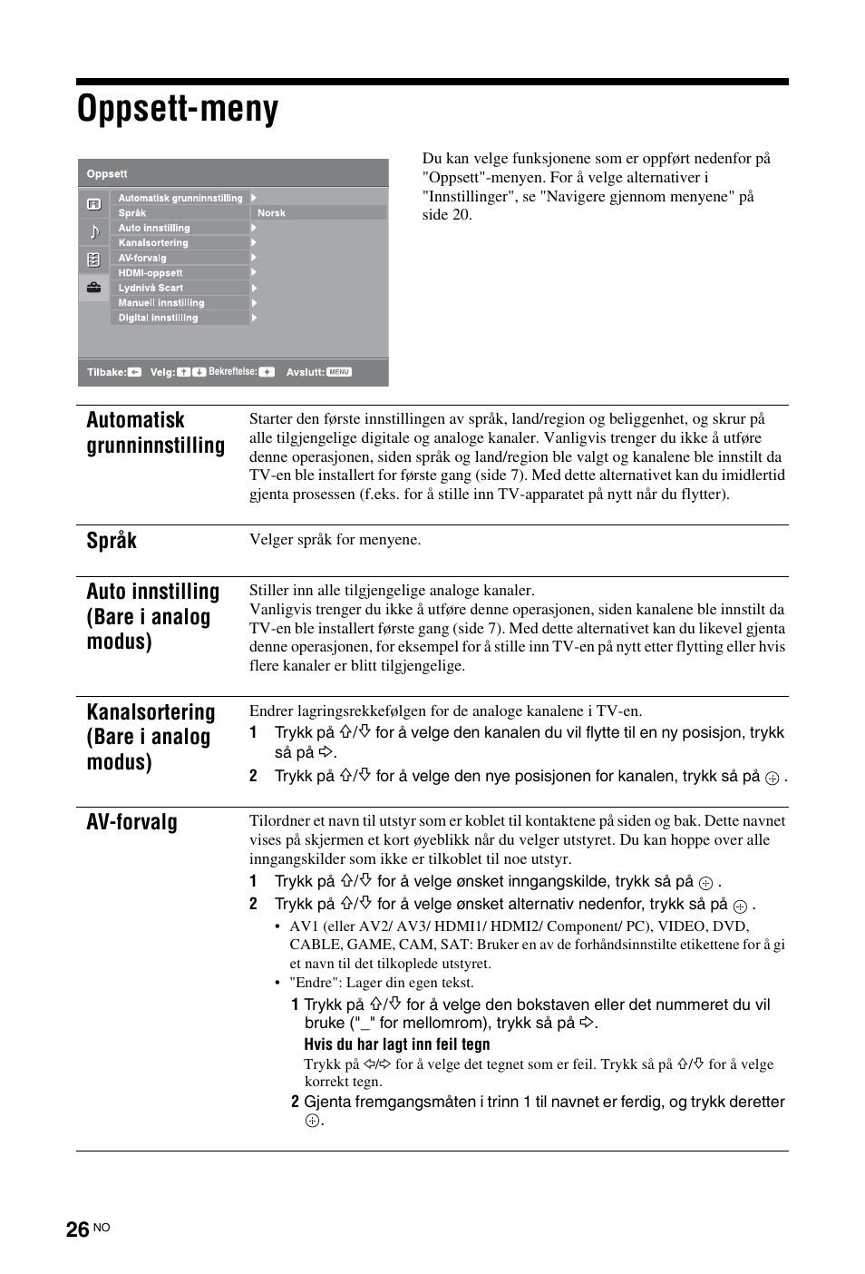 Oppsett-meny, Automatisk grunninnstilling, Språk | Auto innstilling (bare i analog modus), Kanalsortering (bare i analog modus), Av-forvalg | Sony KDL-26 L4000 User Manual | Page 90 / 227