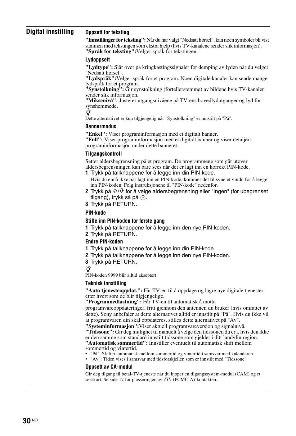 Se på side 30, Digital innstilling | Sony KDL-26 L4000 User Manual | Page 94 / 227